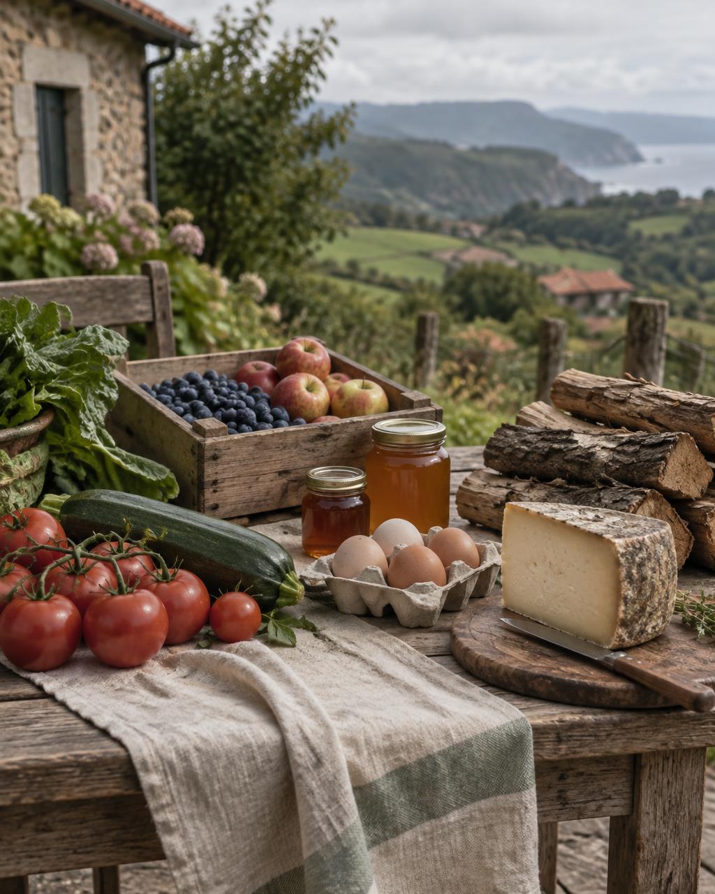 Fruta, huevos, queso, miel y leña de producción local sobre una mesa de madera